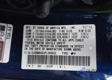 2015 Honda Cr-V Ex z USA, uszkodzony, nr VIN 5J6RM4H50FL098922